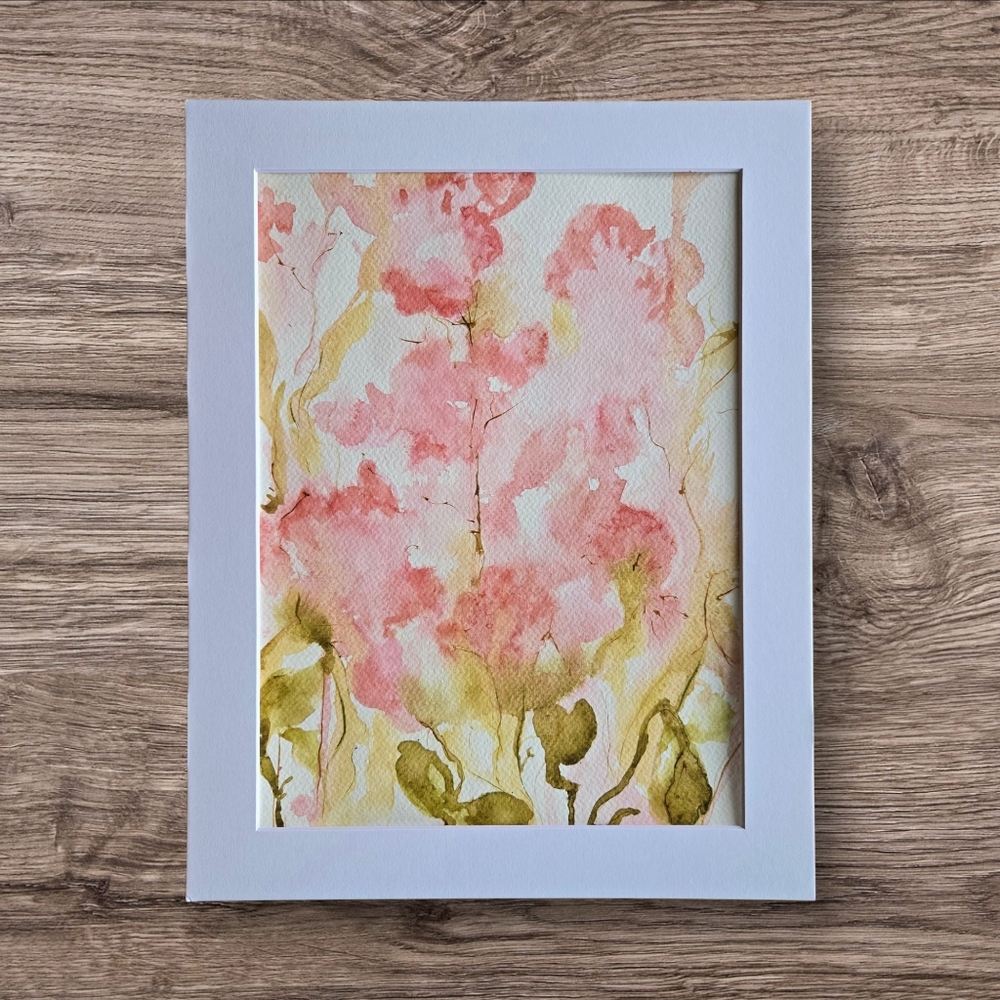 Floral Watercolor Original in Pink and Green, 9x12, 11x14 Matted